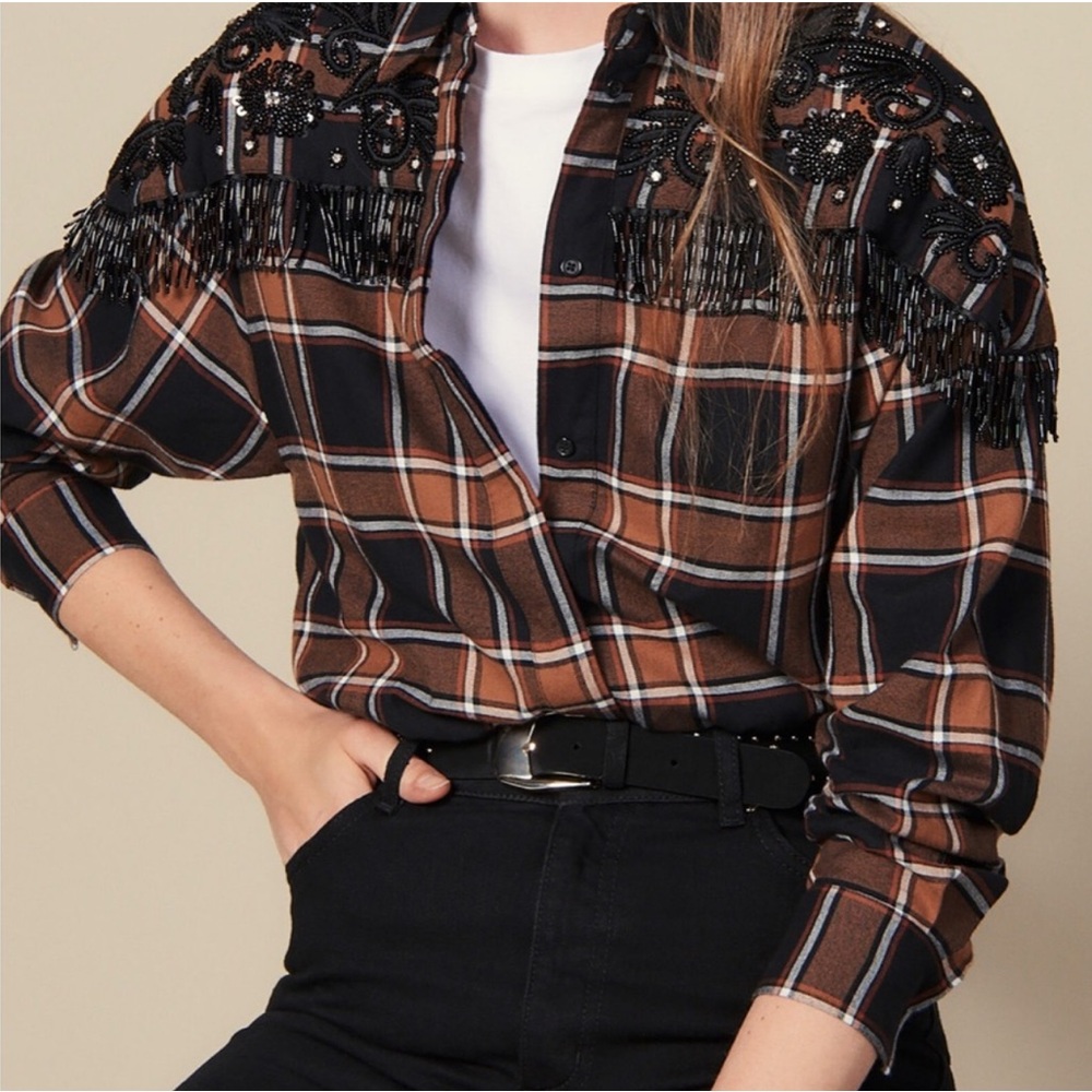 Sandro beaded plaid top